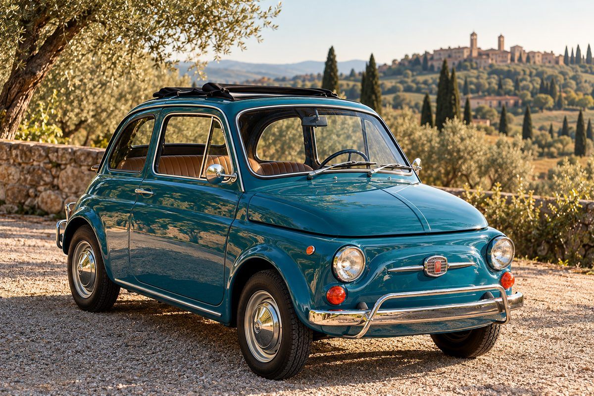 A classic Fiat 500 in teal with its canvas roof folded back, parked among olive trees with a Tuscan hill town behind